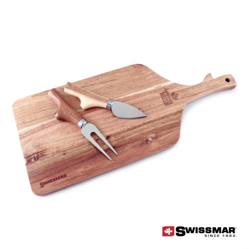 Custom Swissmar® Acacia Paddle Cutting Board & Knife Set